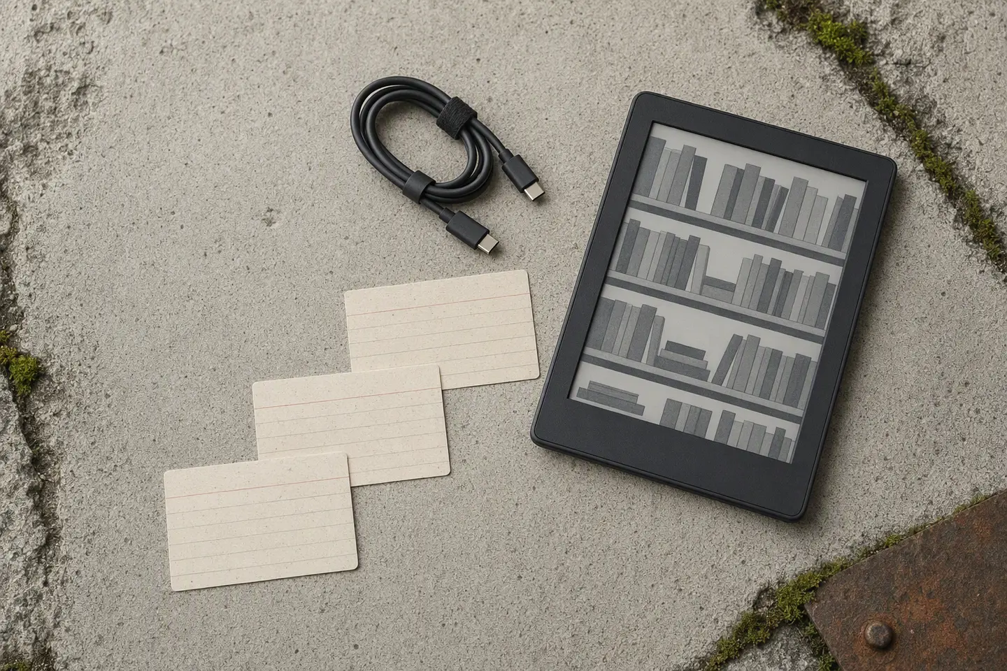 An unbranded e-ink reader, USB-C cable, and blank archive cards arranged on concrete with moss